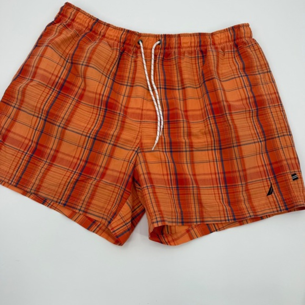 Vintage Nautica Swim Trunks Plaid Mesh Lined Pockets XXL Orange Preppy Board